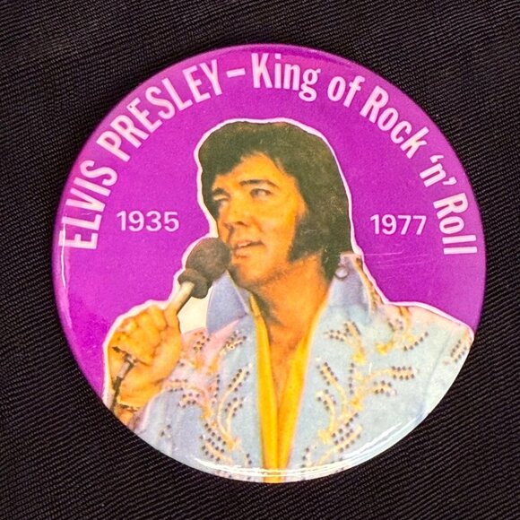 Vintage Elvis Presley King of Rock ‘n’ Roll 1935 1977 Pinback Button 3" Memorial - Picture 1 of 3